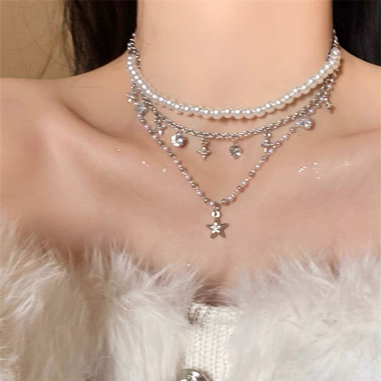 多层叠戴珍珠五角星项链女气质纯欲风甜美精致温柔百搭配饰锁骨链