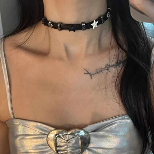 黑色皮带y2k少女百搭星星choker项圈复古甜酷颈链锁骨链