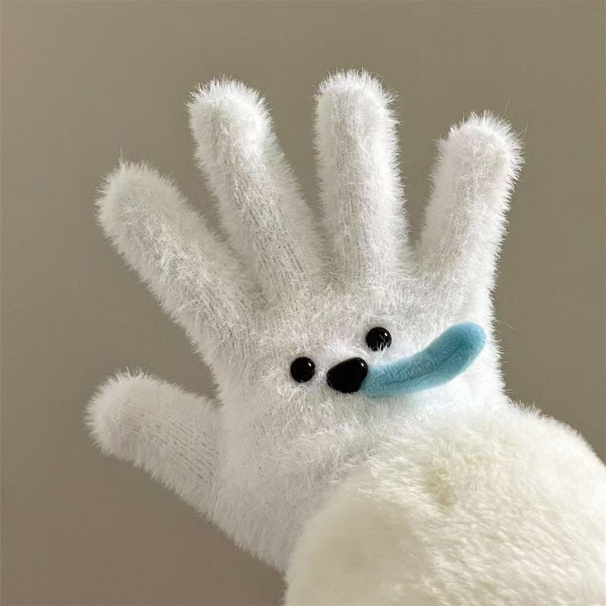 鼻涕小狗保暖手套白色冬季防寒防冻毛绒绒学生骑行骑车珊瑚绒可爱