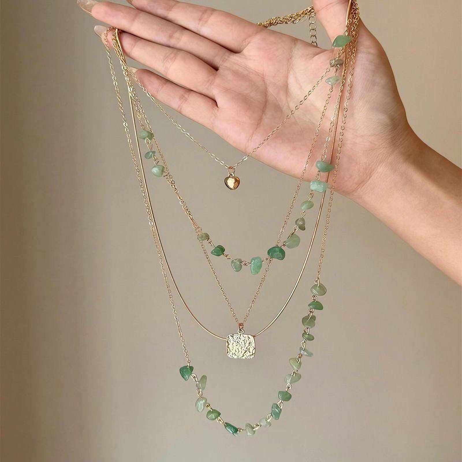 vintager中古天然石串珠吊牌项链女复古民族风多层叠戴锁骨链配饰