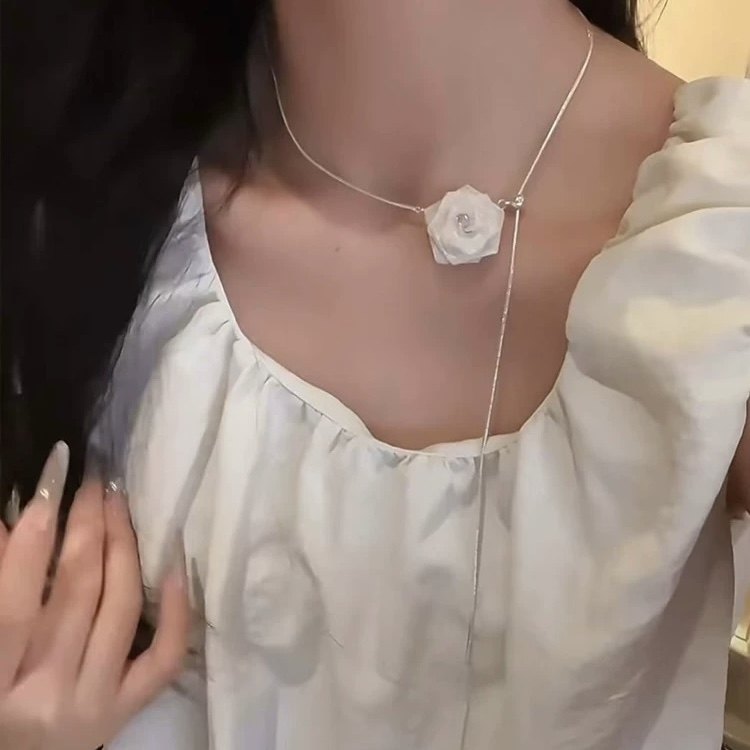 超仙法式网纱玫瑰花抽拉式项链女轻奢小众高级锁骨链长款颈链配饰