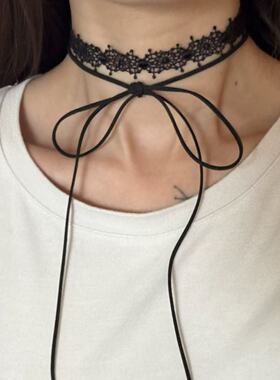 甜酷辣妹黑色蝴蝶结蕾丝绑带项链叠戴choker锁骨链复古设计感颈链
