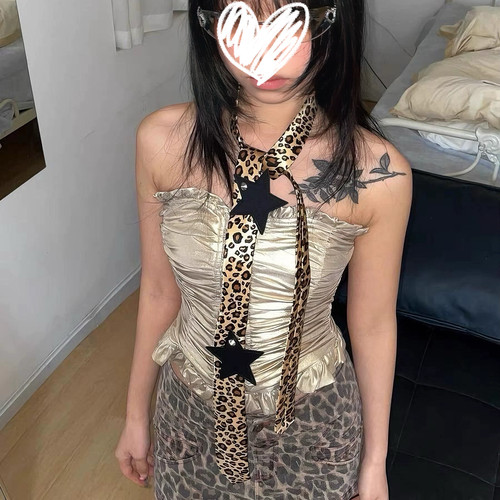 韩系复古y2k千禧辣妹豹纹系脖丝巾女高级感长条飘带百搭绑发发带