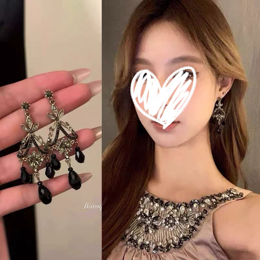 黑色水晶流苏耳环耳坠复古宫廷风独特绝美轻奢高级感气质暗黑耳饰