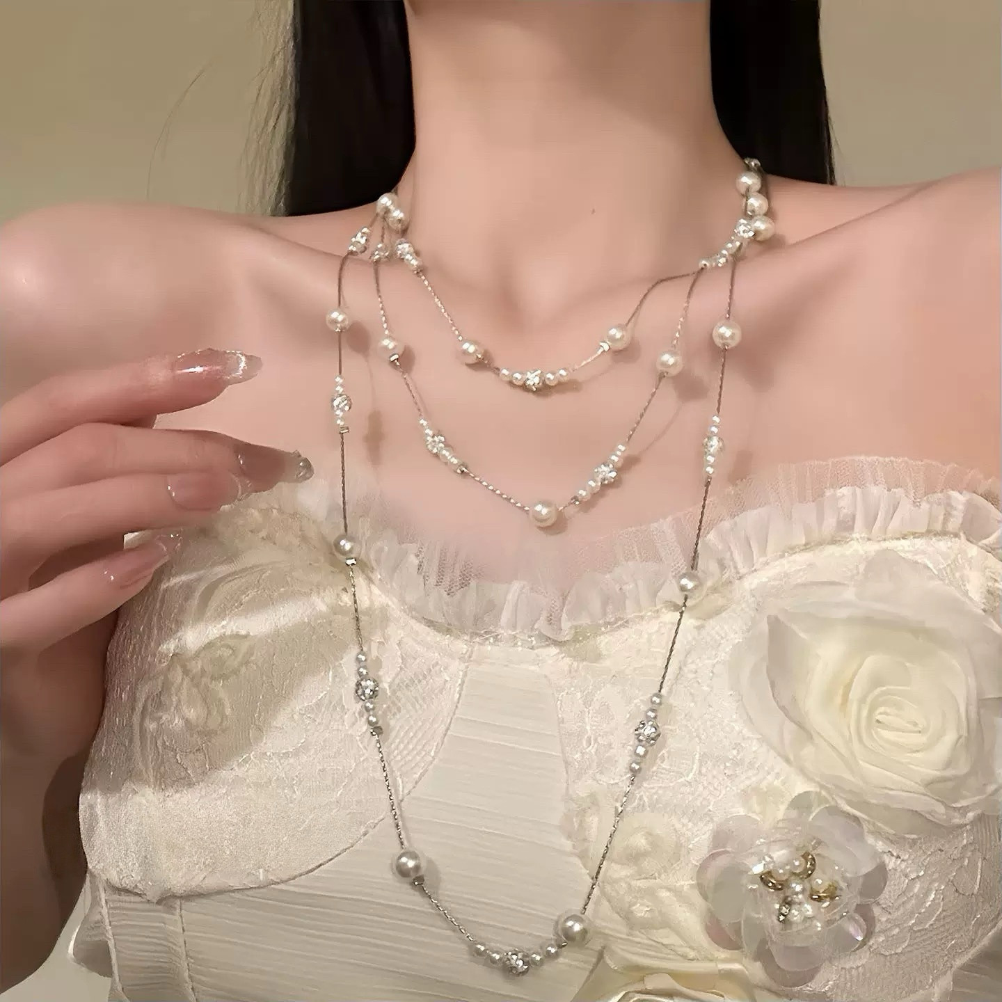 苏黎世千金 满天星珍珠叠戴项链女小香风多层长款毛衣链颈链配饰