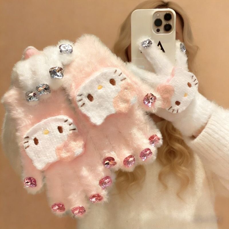 卡通猫咪美甲手套女冬季毛绒保暖防寒学生户外骑行加厚可爱新款