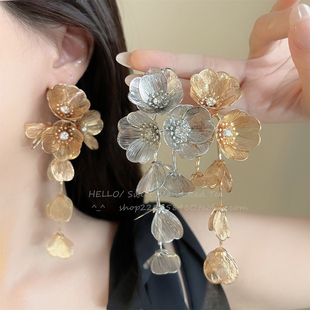金色花朵流苏耳环女2025新款轻奢高级感长款耳钉夸张大气金属耳饰