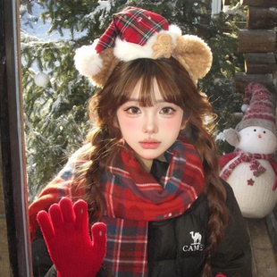 可爱小熊耳朵圣诞帽子毛绒发箍女游乐园达菲熊拍照发饰秋冬头箍