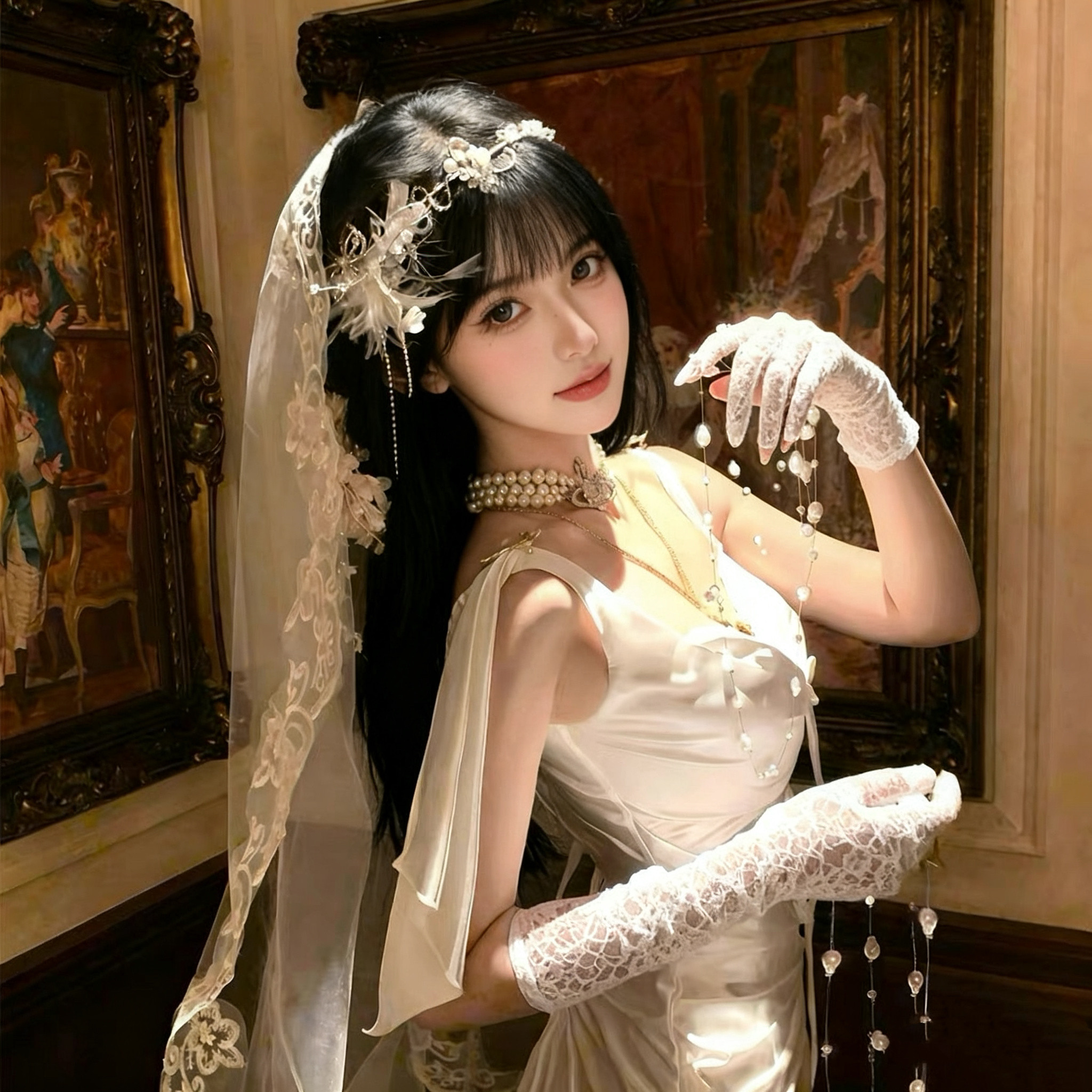 万圣节白色蕾丝花边头纱cos鬼新娘洛丽塔lolita花嫁拍照道具头饰