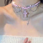 甜酷辣妹风镶钻粉色十字架流苏项链时尚个性choker颈链女锁骨链