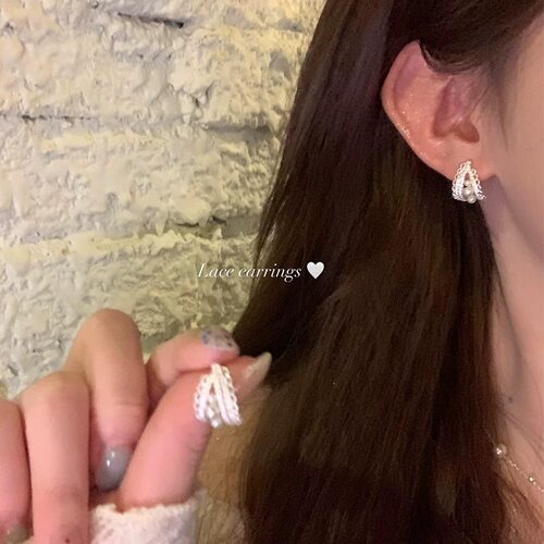 法式镶锆蕾丝边珍珠耳环女耳圈轻奢高级感气质大气耳饰耳钉耳夹