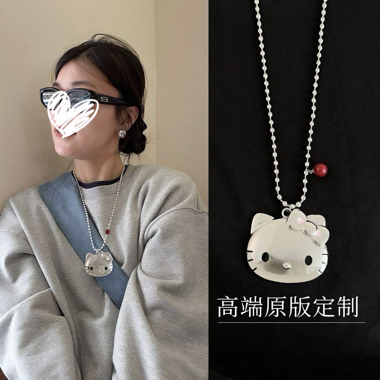 敲可爱!粉色小猫大吊坠项链女款长款圆珠颈链少女风百搭卫衣链