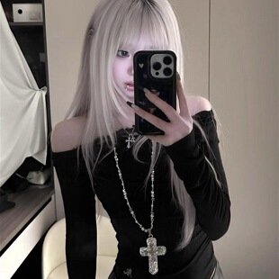 哥特风长款十字架项链重工Y2K亚文化辣妹少女珍珠卫衣毛衣链配饰