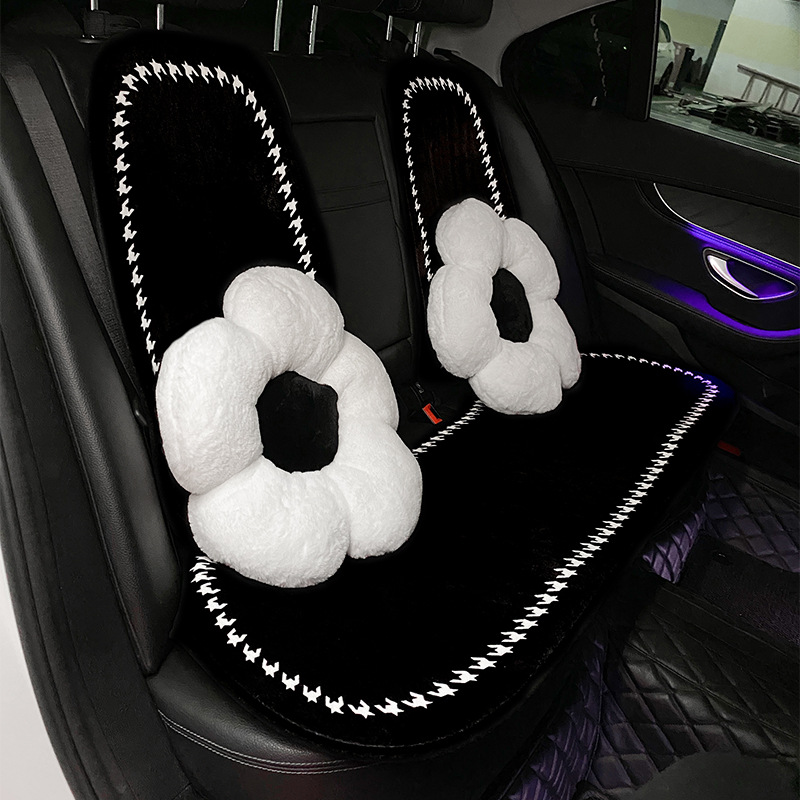 千鸟格汽车坐垫冬季毛绒保暖加热防冻车载座垫三件套简约高级感女