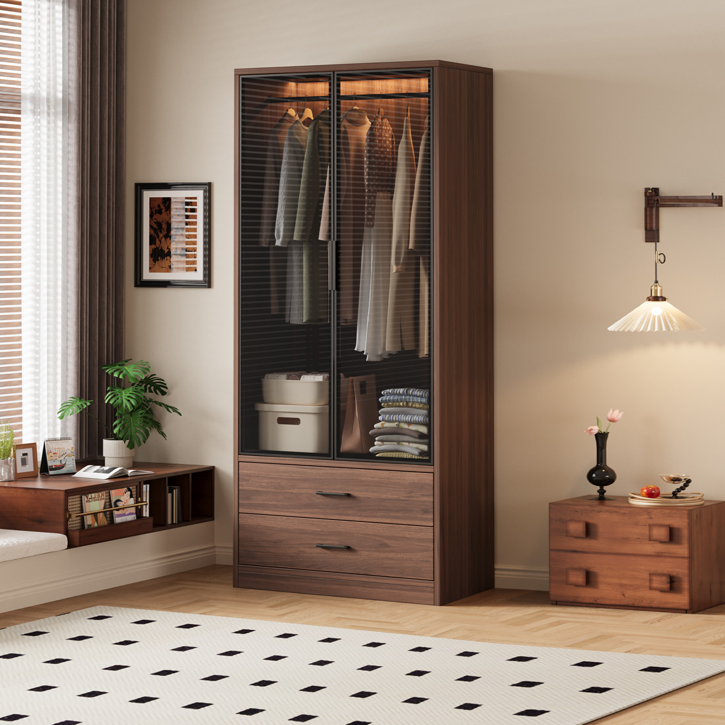 实木衣柜家用卧室收纳柜子玻璃门出租房用双门小户型定制单门衣橱