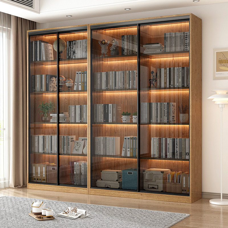 书柜家用轻奢推拉门书橱实木自由组合书架定制客厅带玻璃门展示柜