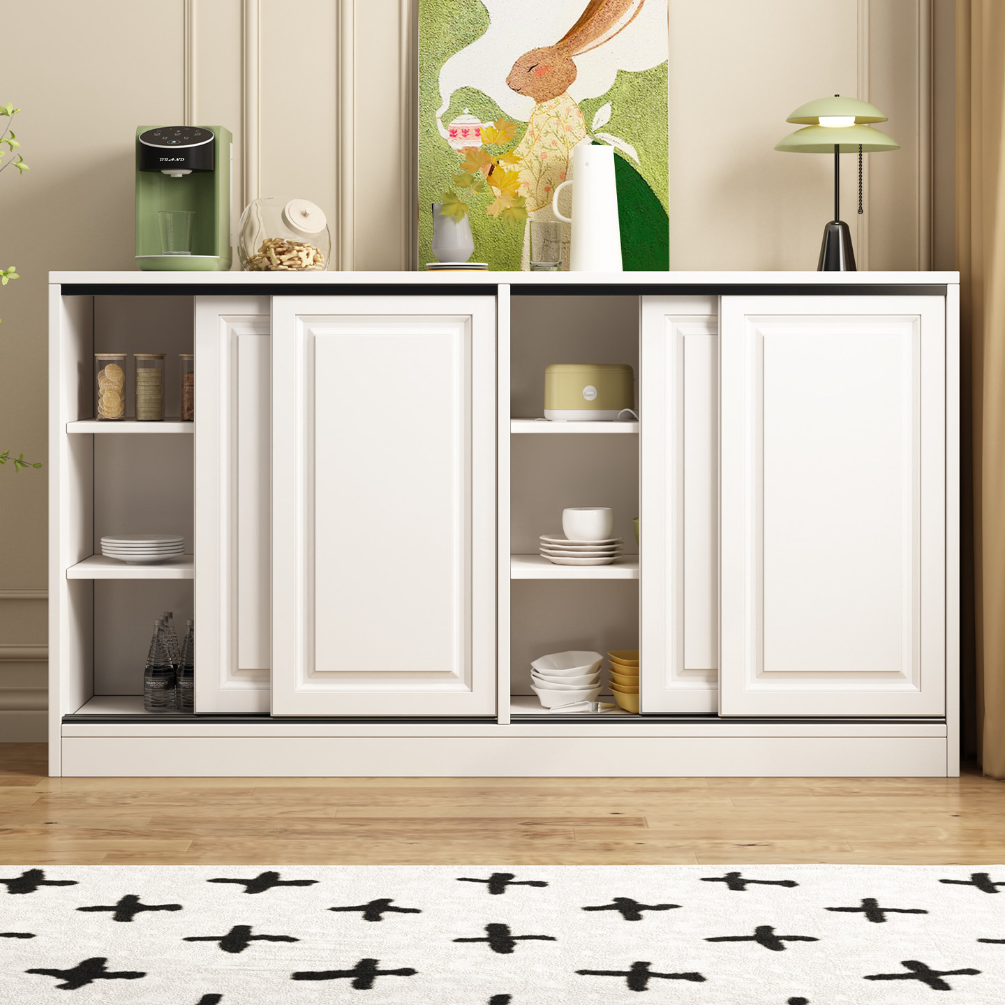 实木客厅推拉门欧式餐边柜家用移门橱柜现代简约餐厅储物柜可定制