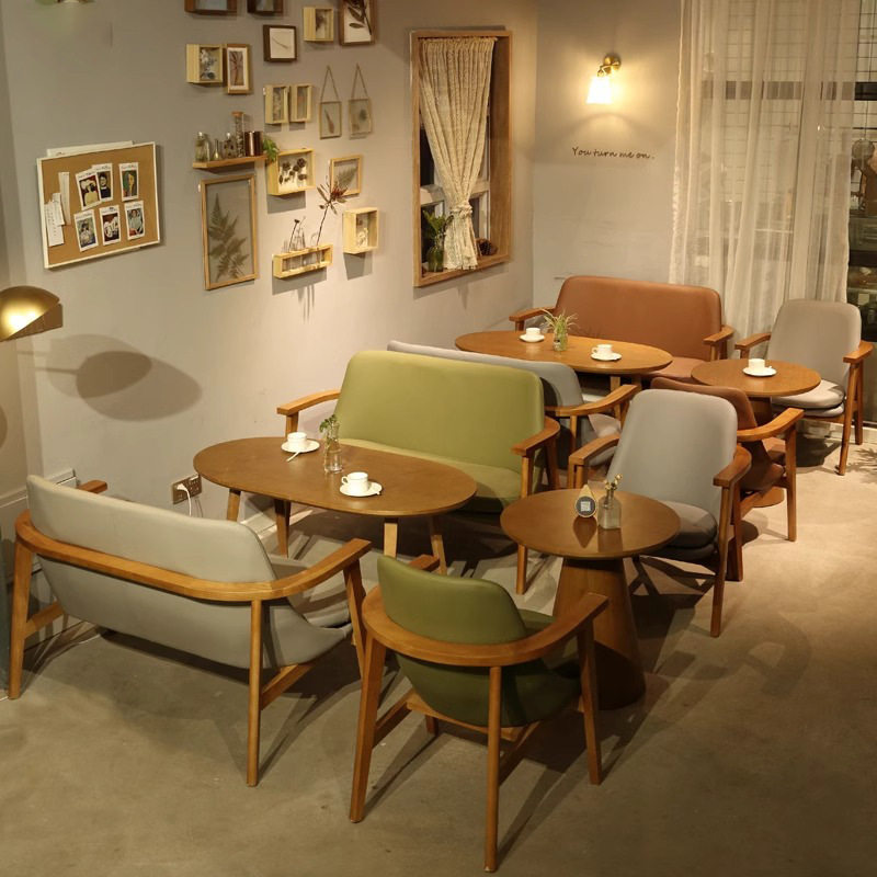 咖啡厅休闲沙发椅子实木单人商用餐饮奶茶甜品店书吧卡座桌椅组合