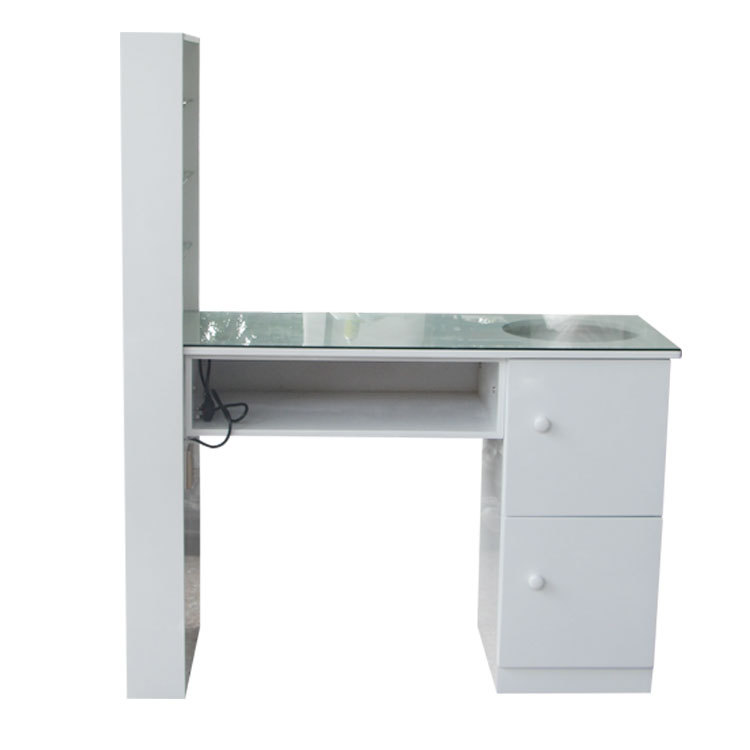 现代带灯白色美甲沙龙家具有吸尘器玻璃甲油展示架USB插座修甲桌