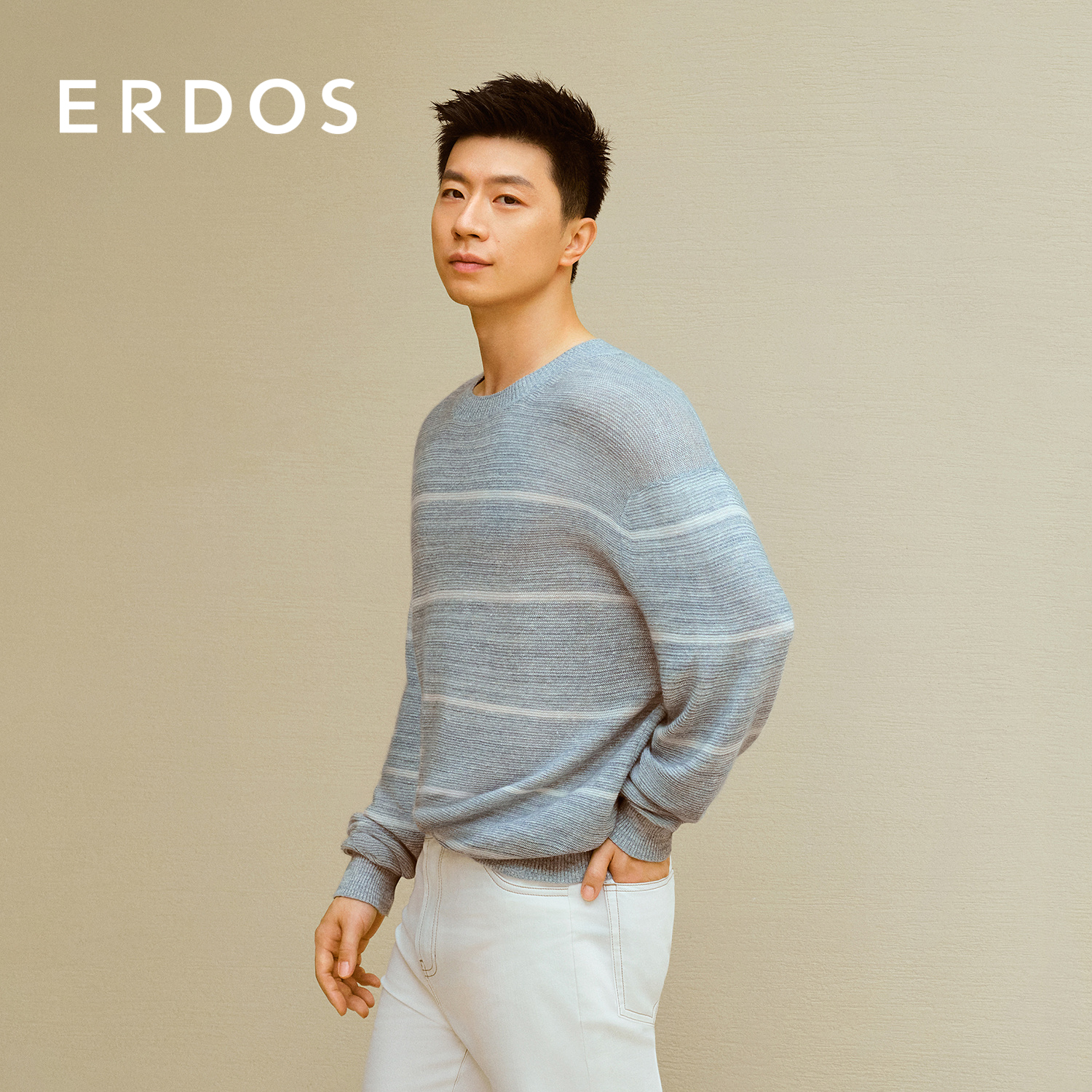 Erdos春季圆领丝麻绒混纺针织衫
