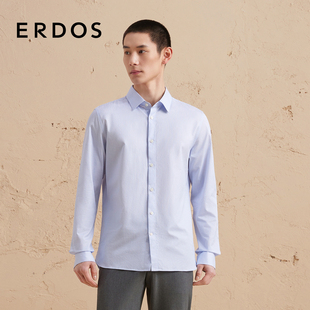秋冬浅蓝竖条纹长袖 纯棉衬衫 上衣商务休闲通勤 男装 ERDOS