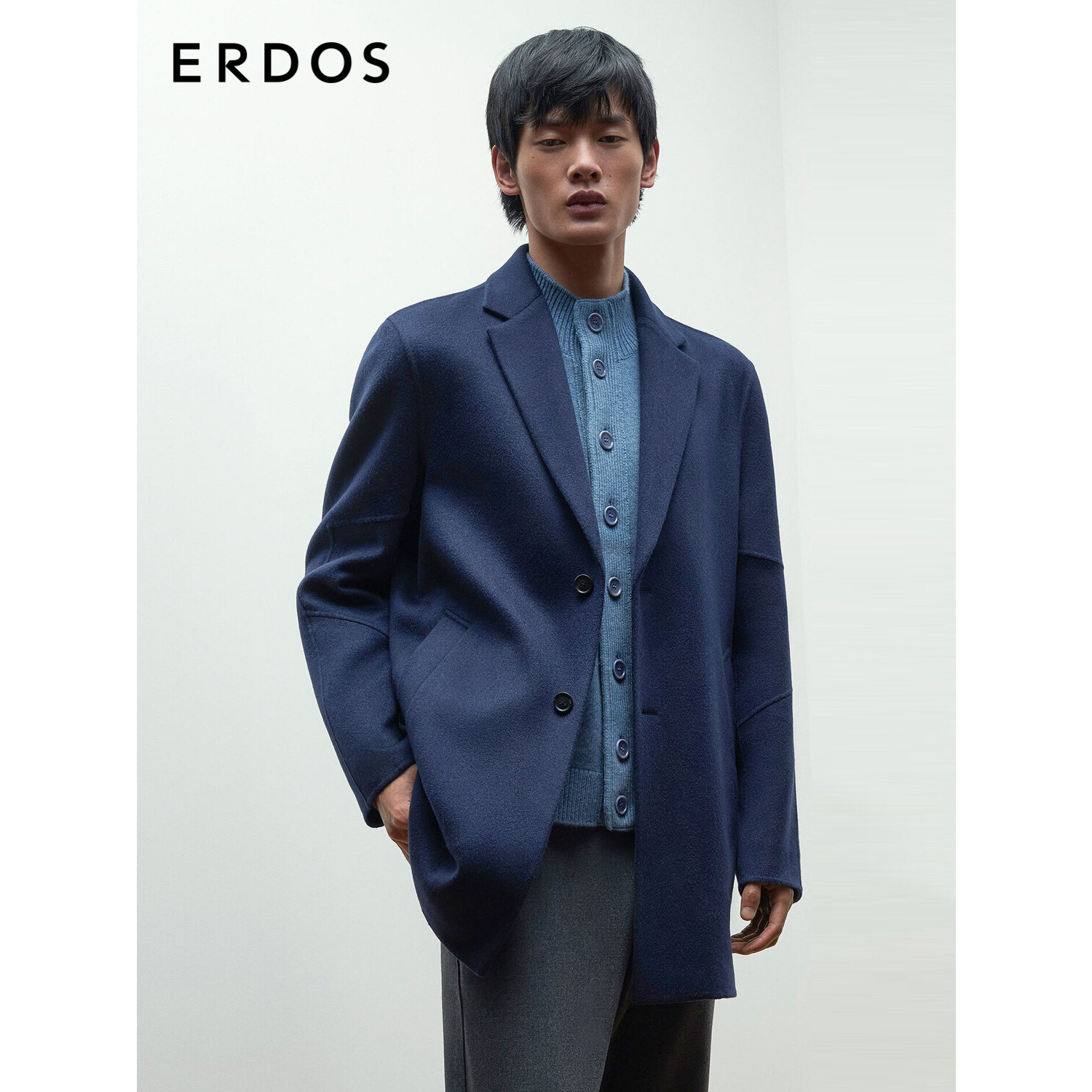 【羊绒大衣】ERDOS 男装秋冬西装领藏蓝单排扣厚款外套商务通勤
