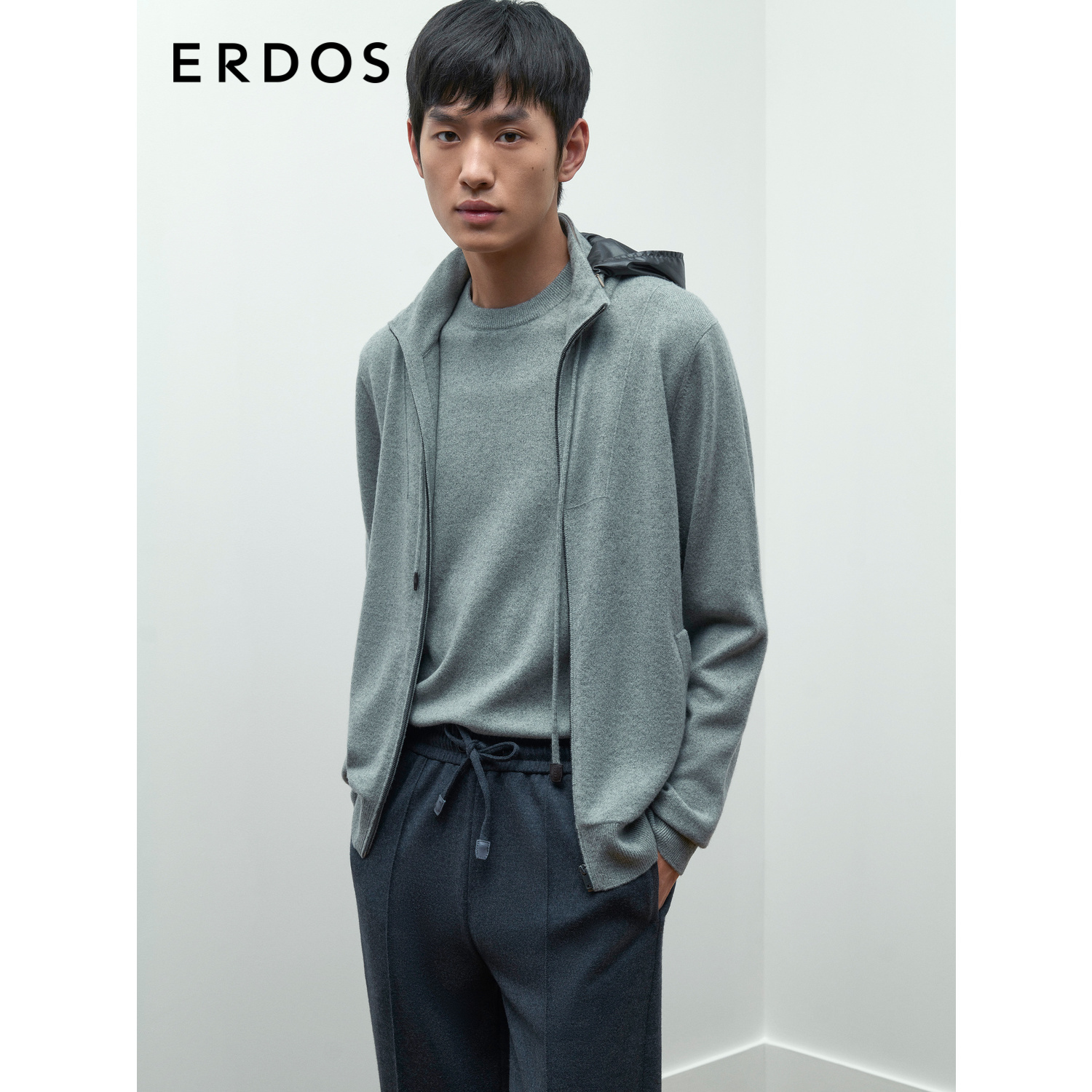 ERDOS 男装羊绒外套早秋岩石绿半高领连帽加厚休闲开衫