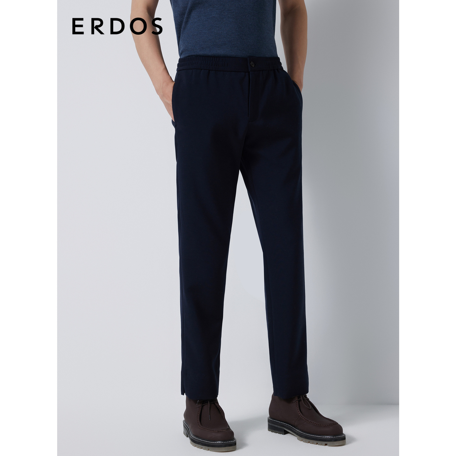 ERDOS 男装长裤秋冬深蓝黑中腰松紧腰设计微弹商务直筒裤