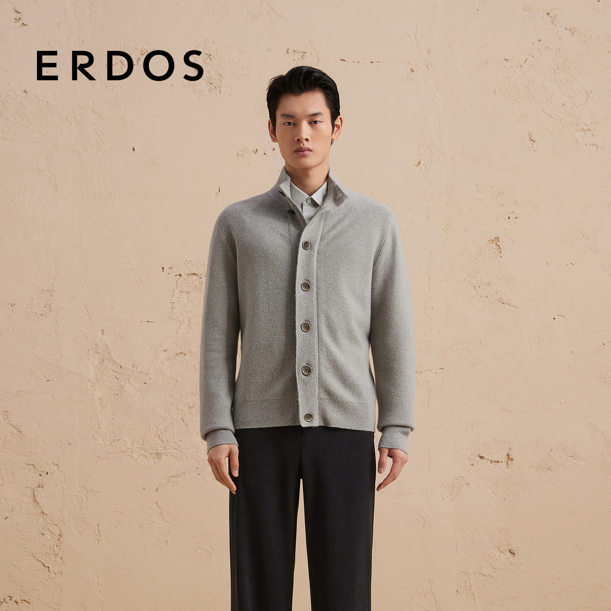 ERDOS 男装羊绒开衫秋冬半高领翻花弹力厚款保暖针织衫