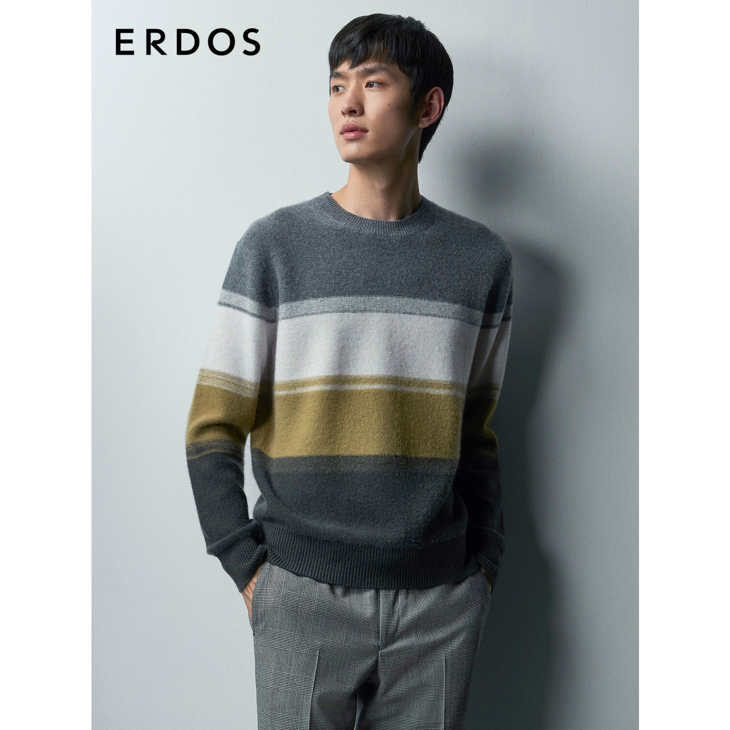 ERDOS 男装羊绒衫秋冬圆领撞色宽松厚款微弹针织衫轻商务