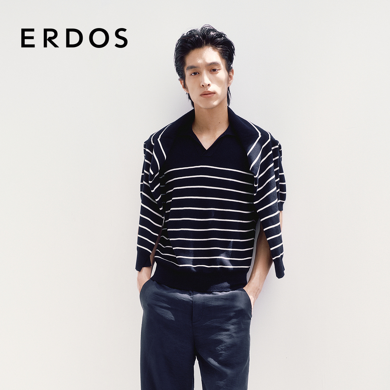 ERDOS 男装轻羊绒T恤25年春夏新款精纺丝绒混纺条纹长袖针织上衣