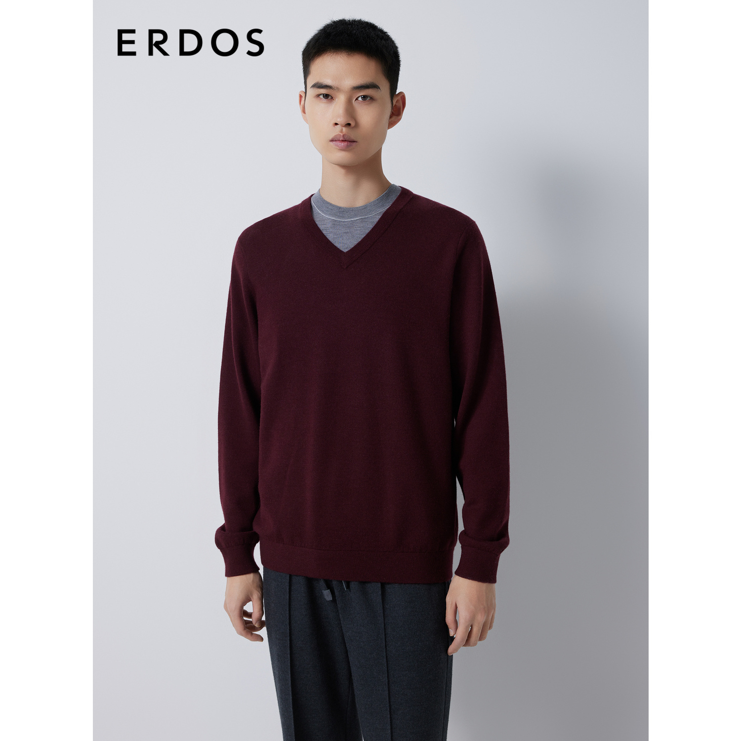 ERDOS 男装羊绒针织衫早秋精纺V领纯色加厚双提羊绒衫
