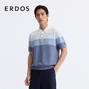 蓝色渐变条纹轻薄短袖 ERDOS 25年春夏新款 丝棉混纺POLO衫 上衣 男装