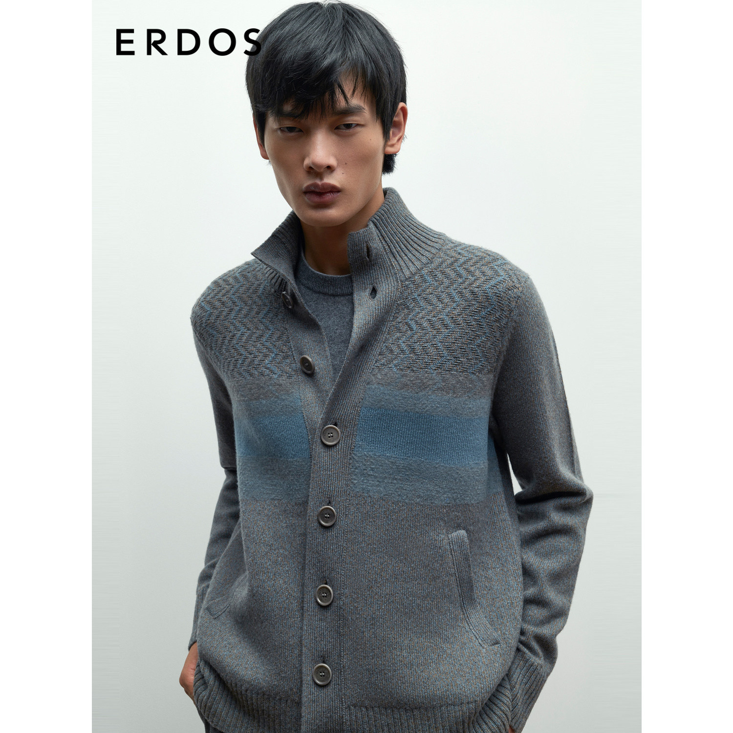 ERDOS 男装羊毛羊绒混纺开衫秋冬花蓝色高领厚款微弹针织衫