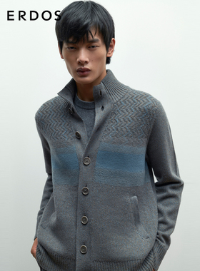 ERDOS 男装羊毛羊绒混纺开衫秋冬花蓝色高领厚款微弹针织衫