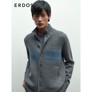 微弹针织衫 ERDOS 秋冬花蓝色高领厚款 羊毛羊绒混纺开衫 男装