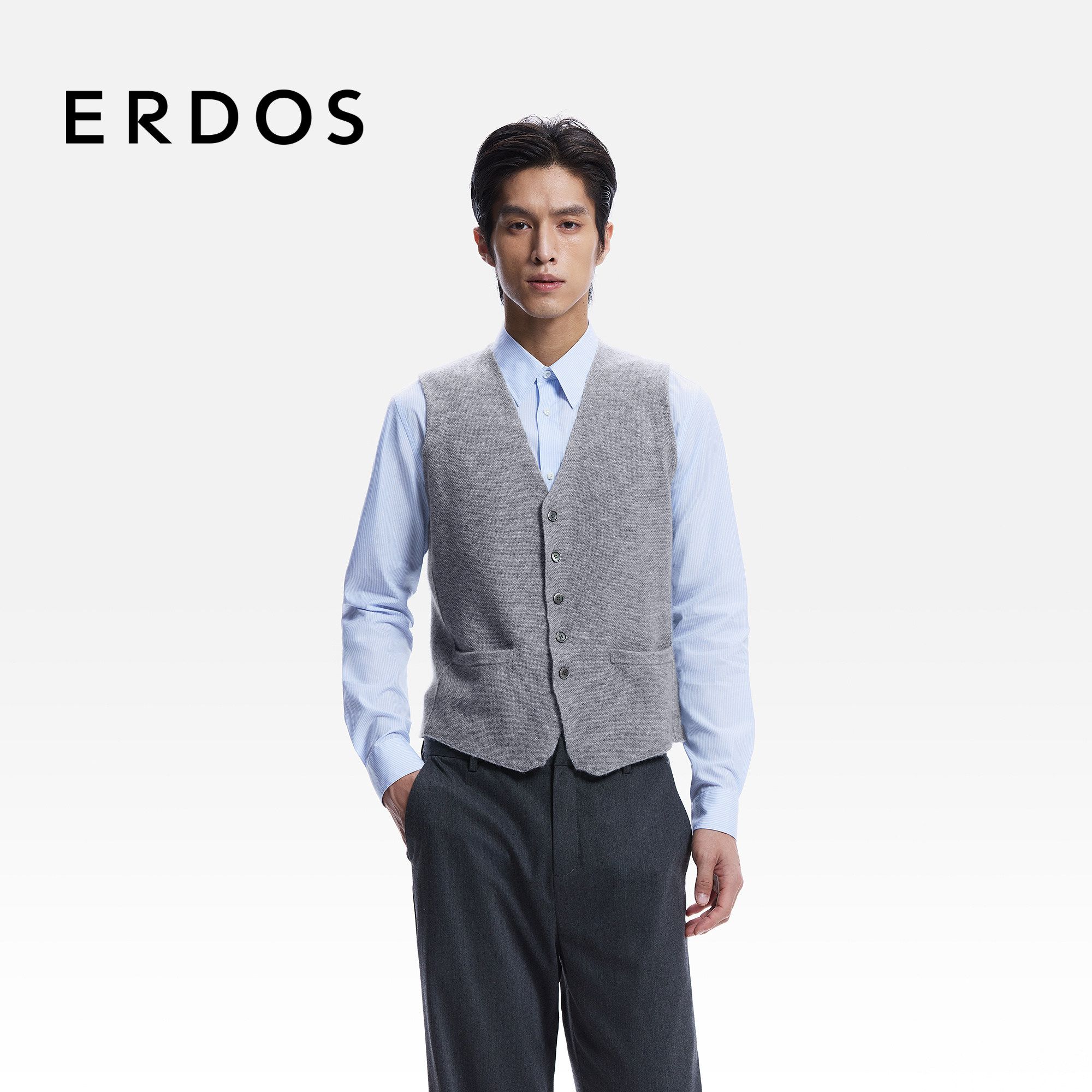 ERDOS 男装羊绒羊毛V领翻花背心26年早春新款全成型下摆针织马甲