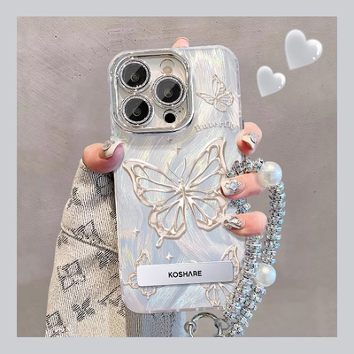 适用苹果16ProMax手机壳iphone15新款14羽纱金属蝴蝶高级感ip13全包12防摔硅胶镜头膜11带支架手链轻奢保护套