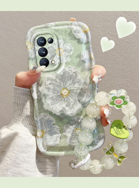 适用opporeno5k手机壳绿色油画花朵opporeno5pro硅胶防摔透明卡通可爱女网红镜头全包新款潮