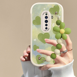 适用opporeno2手机壳绿色爱心链条opporeno2z软硅胶磨砂防摔可爱女网红全包新款潮