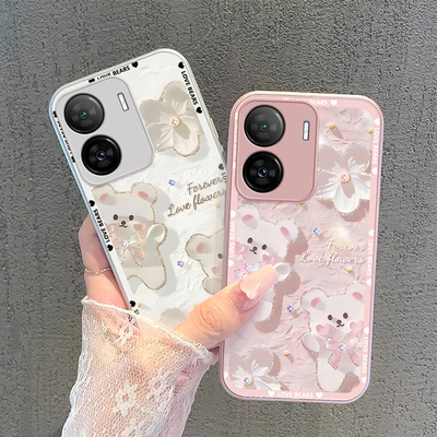适用vivoiQOOz7手机壳蝴蝶结小熊iQOOz7x金属漆玻璃防摔高级感卡通女网红全包新款潮