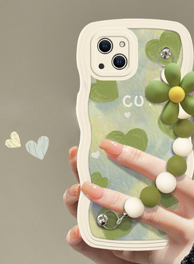 适用苹果14手机壳绿色爱心链条iphone13pro新款12mini硅胶防摔11手链xsmax高级感xr网红女8plus时尚7p全包6潮