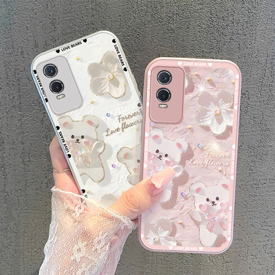 适用vivoy76s手机壳蝴蝶结小熊vivoy76s金属漆玻璃防摔高级感卡通女网红全包新款潮