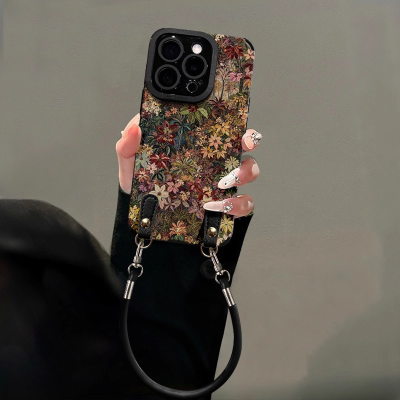 油画百草适用苹果17手机壳女iphone16新款华为nova14高级mate70荣耀400手链vivoS30红米K80防摔小米15保护套