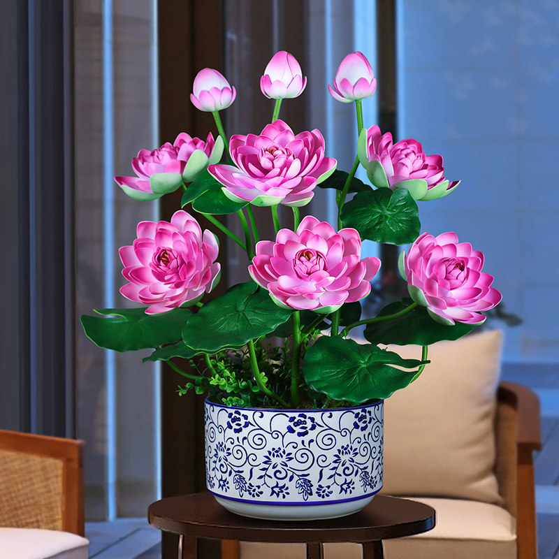 彷真荷花假莲花荷叶佛堂供佛绢花客厅中式花艺插花佛前摆设件盆栽