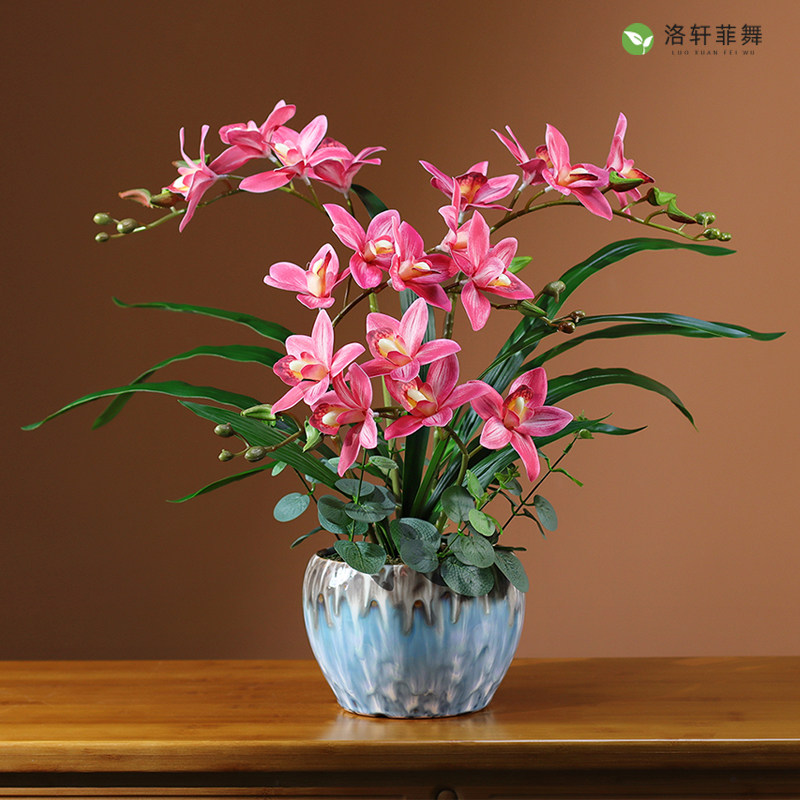 高档蕙兰彷真花蝴蝶兰盆栽客厅电视柜摆设玄关餐桌新中式摆件假花