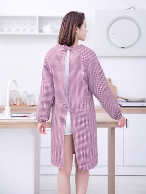 冬天女式韦裙厨房衣服炒菜煮饭老粗布格子围裙带袖子棉质烧饭罩衣