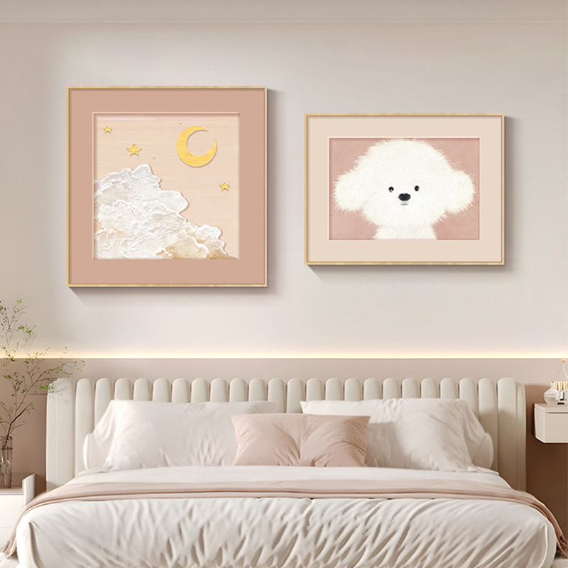 奶油风儿童房装饰画北欧卡通动物女孩卧室床头挂画治愈系餐厅壁画图片