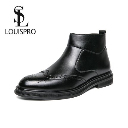 LOUISPRO切尔西靴男士2025秋季复古高帮皮鞋加绒保暖商务马丁靴