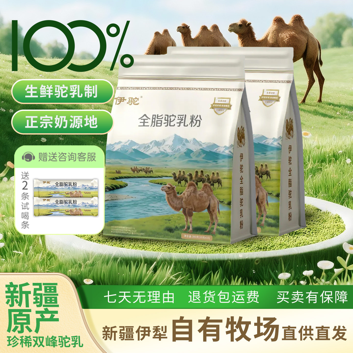 伊驼新疆伊犁全脂驼乳粉100%生鲜驼乳制正宗驼奶粉袋装中老年营养